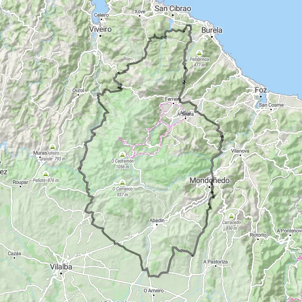 Miniatua del mapa de inspiración ciclista "Ruta de Carretera de Cervo a A Estivada" en Galicia, Spain. Generado por Tarmacs.app planificador de rutas ciclistas