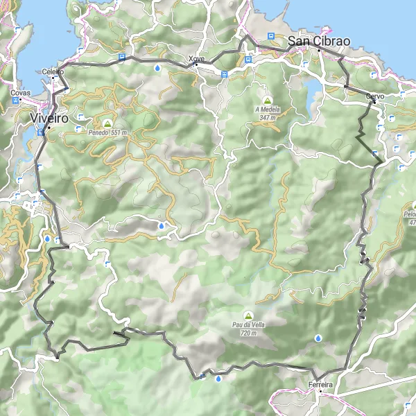 Miniaturní mapa "Coastal Road Adventure" inspirace pro cyklisty v oblasti Galicia, Spain. Vytvořeno pomocí plánovače tras Tarmacs.app