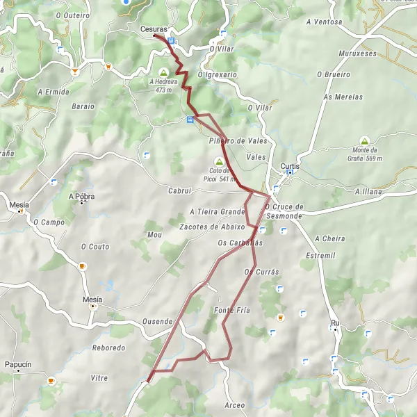 Miniaturní mapa "Kolem Monte Cadaval" inspirace pro cyklisty v oblasti Galicia, Spain. Vytvořeno pomocí plánovače tras Tarmacs.app