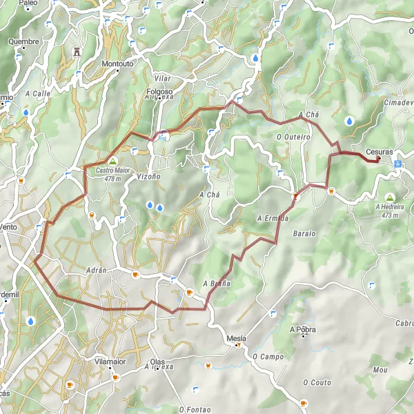 Miniatua del mapa de inspiración ciclista "Ruta por Cesuras y alrededores" en Galicia, Spain. Generado por Tarmacs.app planificador de rutas ciclistas