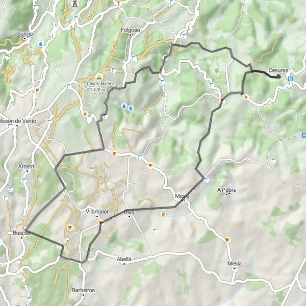 Miniatua del mapa de inspiración ciclista "Ruta a As Pociñas y Francos" en Galicia, Spain. Generado por Tarmacs.app planificador de rutas ciclistas