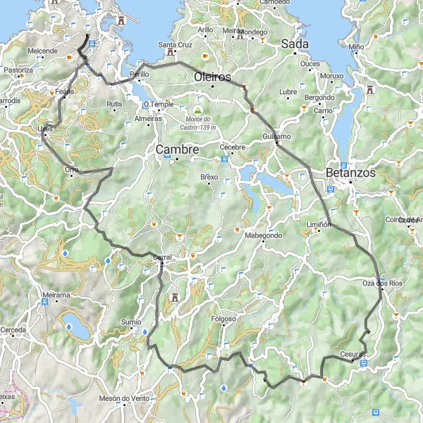 Miniatua del mapa de inspiración ciclista "Ruta en Carretera Castro Maior - Folgueira - O Birloque - O Real - Candelario" en Galicia, Spain. Generado por Tarmacs.app planificador de rutas ciclistas
