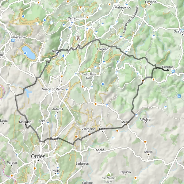 Miniatura della mappa di ispirazione al ciclismo "Percorso ciclistico Mandás - Monte de Pantín - O Petón - Mandás" nella regione di Galicia, Spain. Generata da Tarmacs.app, pianificatore di rotte ciclistiche