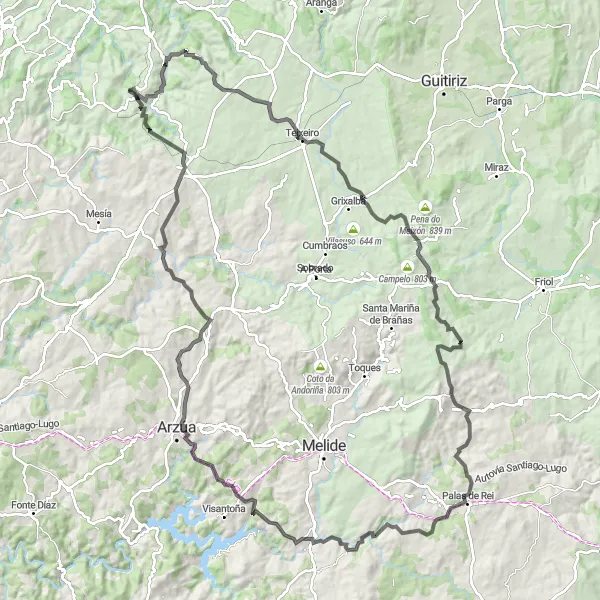 Miniaturní mapa "Road Cesuras - A Peteira - Penarrubia - Peña Alta - As Gandariñas - Palas de Rei - Pena da Armada - As Galiñeiras - O Pinar - Piñeiro de Vales - O Espiño" inspirace pro cyklisty v oblasti Galicia, Spain. Vytvořeno pomocí plánovače tras Tarmacs.app