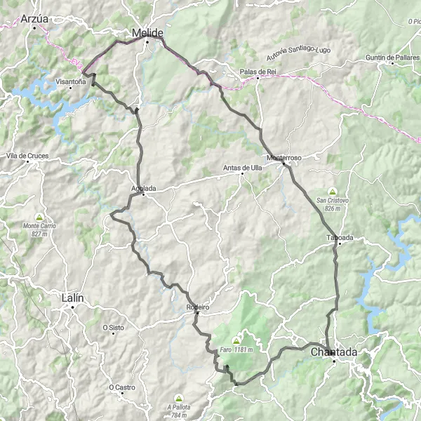 Miniatua del mapa de inspiración ciclista "Ruta en bicicleta desde Chantada a través de destinos destacados" en Galicia, Spain. Generado por Tarmacs.app planificador de rutas ciclistas