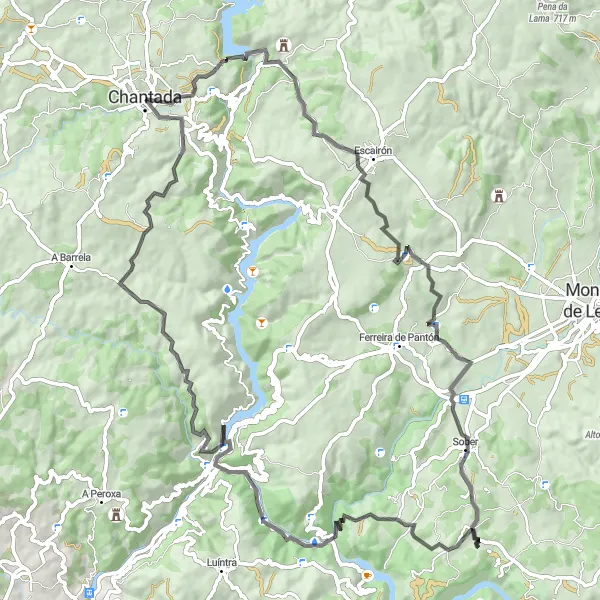 Miniatura della mappa di ispirazione al ciclismo "Ciclismo panoramico da Chantada ad A Ponte" nella regione di Galicia, Spain. Generata da Tarmacs.app, pianificatore di rotte ciclistiche