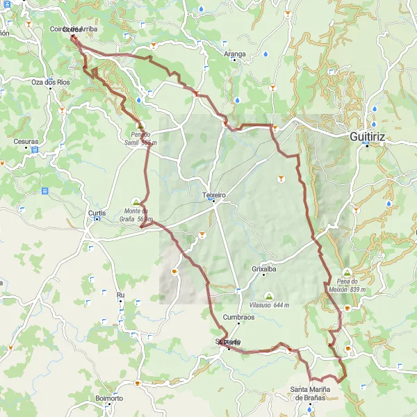 Miniatura della mappa di ispirazione al ciclismo "Cicloavventura panoramica Coirós - Figueiras" nella regione di Galicia, Spain. Generata da Tarmacs.app, pianificatore di rotte ciclistiche