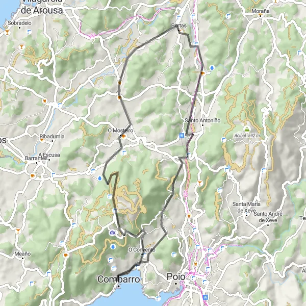 Miniatura della mappa di ispirazione al ciclismo "Giro in bicicletta a Combarro - A Seca - Bosque de Colón - La chimenea de la azucarera de Portas - Portas - O Casal" nella regione di Galicia, Spain. Generata da Tarmacs.app, pianificatore di rotte ciclistiche