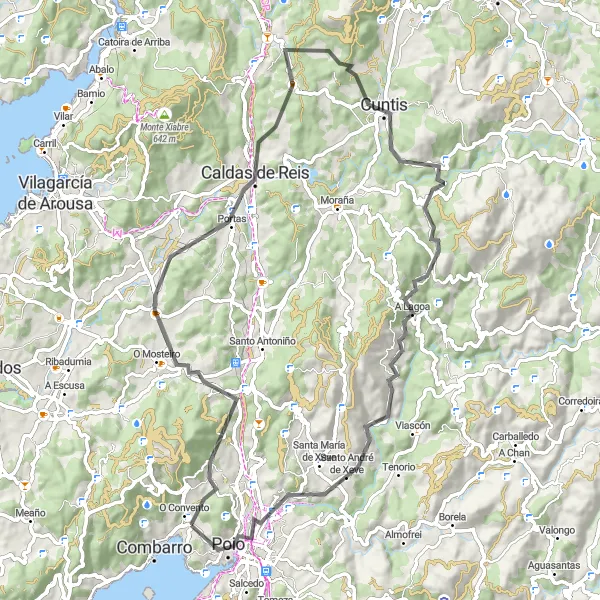 Miniatuurkaart van de fietsinspiratie "Pontevedra - Orgo do Monte - Caldas de Reis - Cuntis - Cequeril - Monte Porreiro" in Galicia, Spain. Gemaakt door de Tarmacs.app fietsrouteplanner