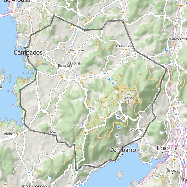 Miniatura della mappa di ispirazione al ciclismo "Giro in bicicletta a Combarro - Meaño - Mirador A Pastora - Cambados - Ponte Arnelas - Orgo do Monte" nella regione di Galicia, Spain. Generata da Tarmacs.app, pianificatore di rotte ciclistiche