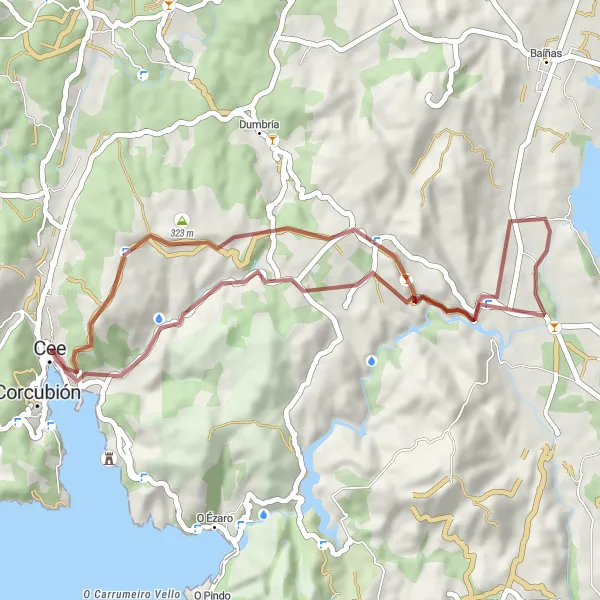 Miniatura della mappa di ispirazione al ciclismo "Giro in bicicletta da Corcubión a Corcubión (ghiaia)" nella regione di Galicia, Spain. Generata da Tarmacs.app, pianificatore di rotte ciclistiche