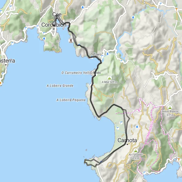 Miniature de la carte de l'inspiration cycliste "Parcours routier autour de Corcubión" dans la Galicia, Spain. Générée par le planificateur d'itinéraire cycliste Tarmacs.app