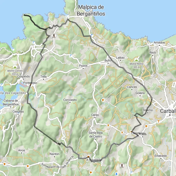 Miniaturní mapa "Kolečko po silnici kolem Coristanco" inspirace pro cyklisty v oblasti Galicia, Spain. Vytvořeno pomocí plánovače tras Tarmacs.app