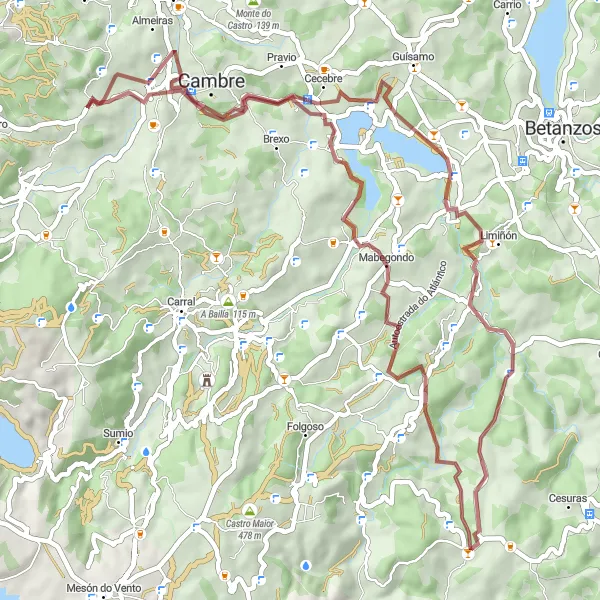 Miniature de la carte de l'inspiration cycliste "Aventure à vélo sur les chemins de gravier près de Culleredo" dans la Galicia, Spain. Générée par le planificateur d'itinéraire cycliste Tarmacs.app
