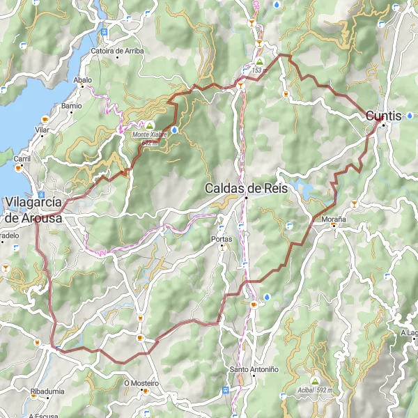 Miniatura della mappa di ispirazione al ciclismo "Scoperta Gravel tra Cuntis e Monte Xiabre" nella regione di Galicia, Spain. Generata da Tarmacs.app, pianificatore di rotte ciclistiche