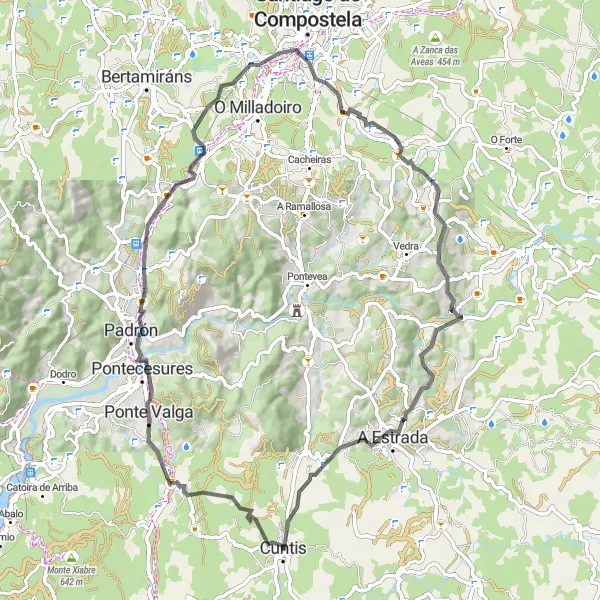 Miniatua del mapa de inspiración ciclista "Ruta de ciclismo de carretera desde Cuntis" en Galicia, Spain. Generado por Tarmacs.app planificador de rutas ciclistas
