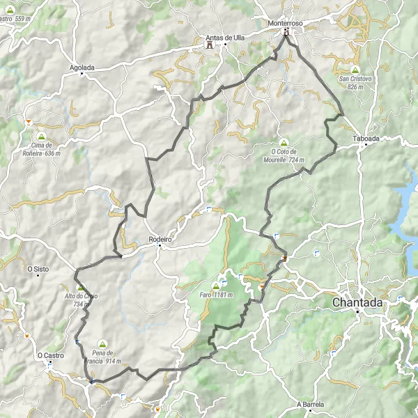 Miniature de la carte de l'inspiration cycliste "Route des Roches et des Palais" dans la Galicia, Spain. Générée par le planificateur d'itinéraire cycliste Tarmacs.app