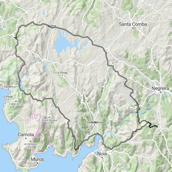 Miniatura della mappa di ispirazione al ciclismo "Giro in bicicletta stradale in Dumbría e dintorni" nella regione di Galicia, Spain. Generata da Tarmacs.app, pianificatore di rotte ciclistiche