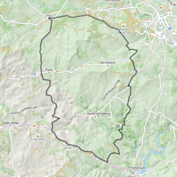 Miniatura della mappa di ispirazione al ciclismo "La Rotta dei Tesori Galiziani" nella regione di Galicia, Spain. Generata da Tarmacs.app, pianificatore di rotte ciclistiche