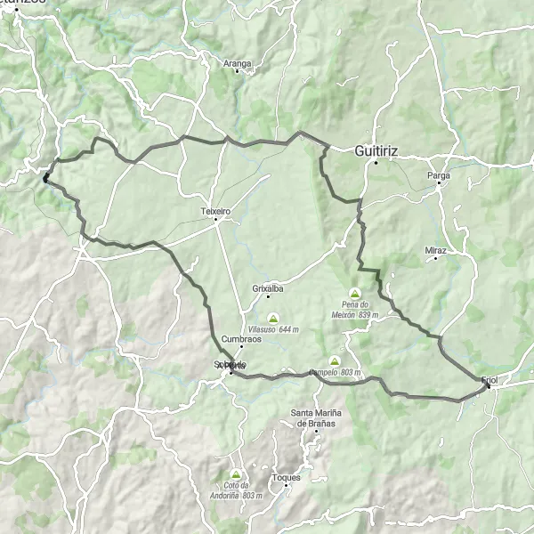 Miniatua del mapa de inspiración ciclista "Ruta en bicicleta por carretera desde Friol" en Galicia, Spain. Generado por Tarmacs.app planificador de rutas ciclistas