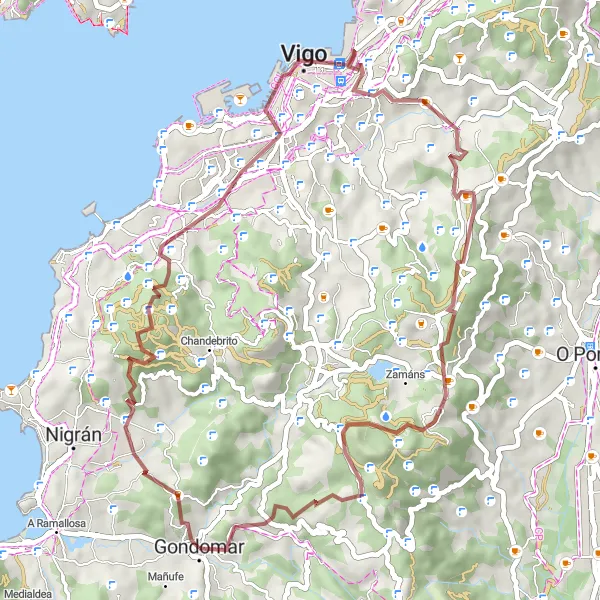 Miniaturní mapa "Exploratory Gravel Ride from Gondomar" inspirace pro cyklisty v oblasti Galicia, Spain. Vytvořeno pomocí plánovače tras Tarmacs.app
