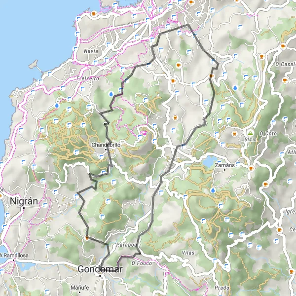 Miniatura della mappa di ispirazione al ciclismo "Escursione ciclistica di 38 km a Chandebrito" nella regione di Galicia, Spain. Generata da Tarmacs.app, pianificatore di rotte ciclistiche