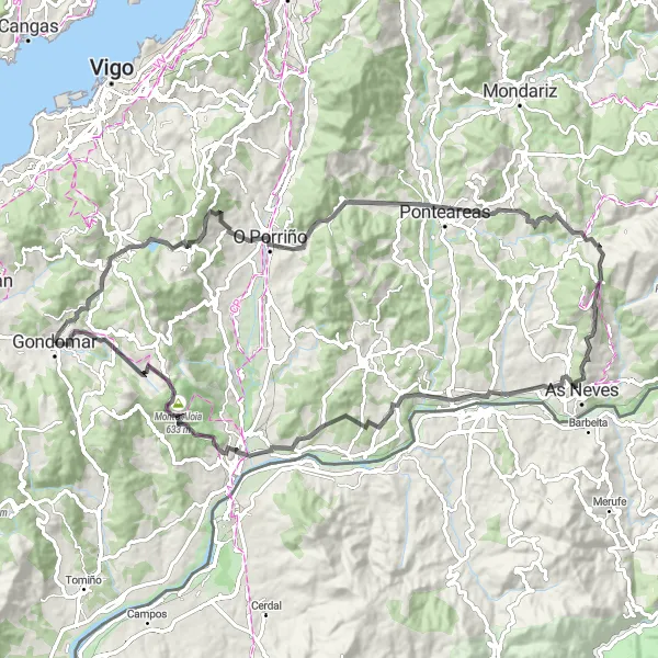 Map miniature of "Gondomar to Salvaterra de Miño Loop" cycling inspiration in Galicia, Spain. Generated by Tarmacs.app cycling route planner