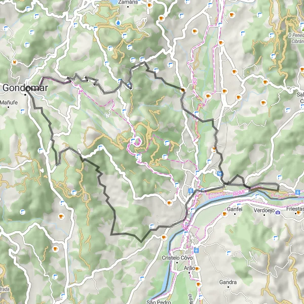Miniature de la carte de l'inspiration cycliste "Les collines de Gondomar" dans la Galicia, Spain. Générée par le planificateur d'itinéraire cycliste Tarmacs.app
