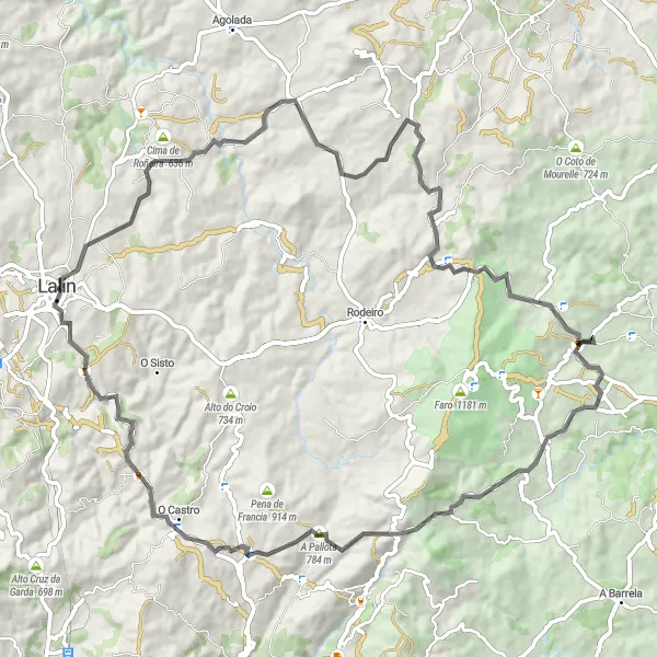 Miniatua del mapa de inspiración ciclista "Ruta de ciclismo de carretera - Lalín a As Penas y A Chanca" en Galicia, Spain. Generado por Tarmacs.app planificador de rutas ciclistas