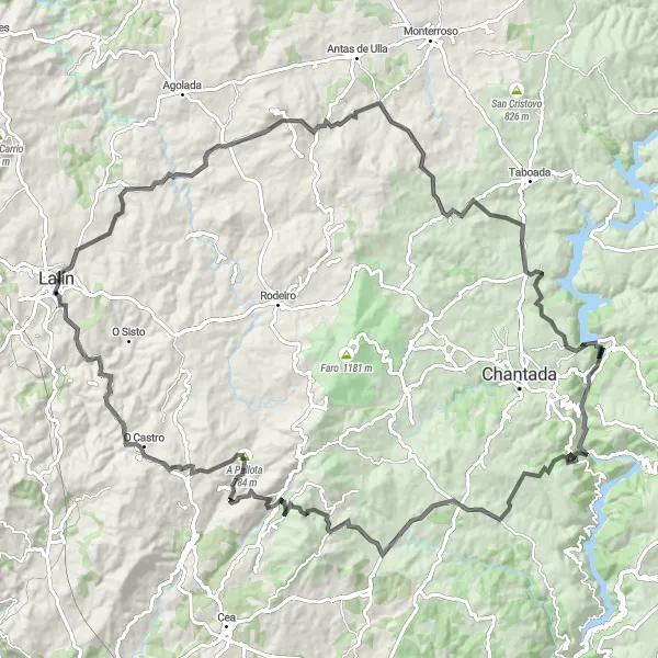 Miniatua del mapa de inspiración ciclista "Ruta de Lalín a través de As Penas, Lebesende, O Coto de Mourelle, Cardavós, Brandián, A Barrela, Agrosantiño, A Pallota, A Gouxa y Lalín" en Galicia, Spain. Generado por Tarmacs.app planificador de rutas ciclistas