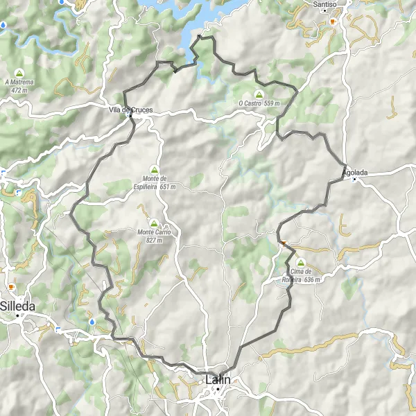 Miniatura della mappa di ispirazione al ciclismo "Giro in bicicletta attorno a Lalín: Road" nella regione di Galicia, Spain. Generata da Tarmacs.app, pianificatore di rotte ciclistiche