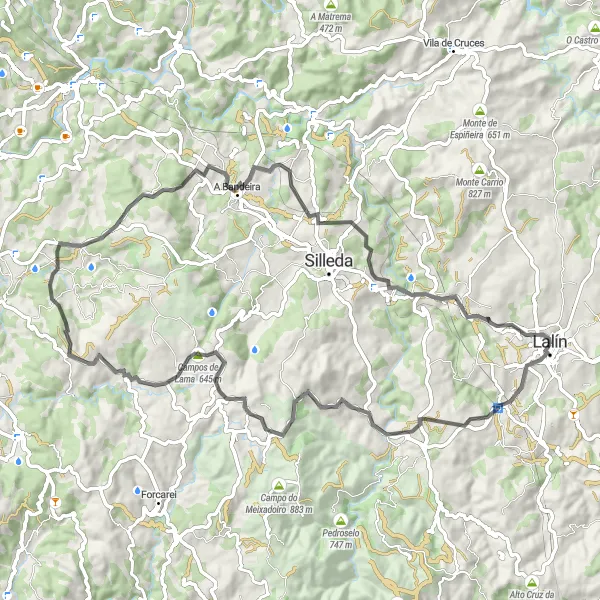Miniatua del mapa de inspiración ciclista "Ruta de ciclismo de carretera - Lalín a A Estación y Laro" en Galicia, Spain. Generado por Tarmacs.app planificador de rutas ciclistas