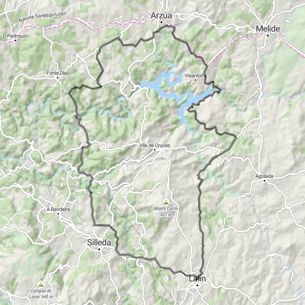 Miniatura della mappa di ispirazione al ciclismo "Giro panoramico da Lalín" nella regione di Galicia, Spain. Generata da Tarmacs.app, pianificatore di rotte ciclistiche