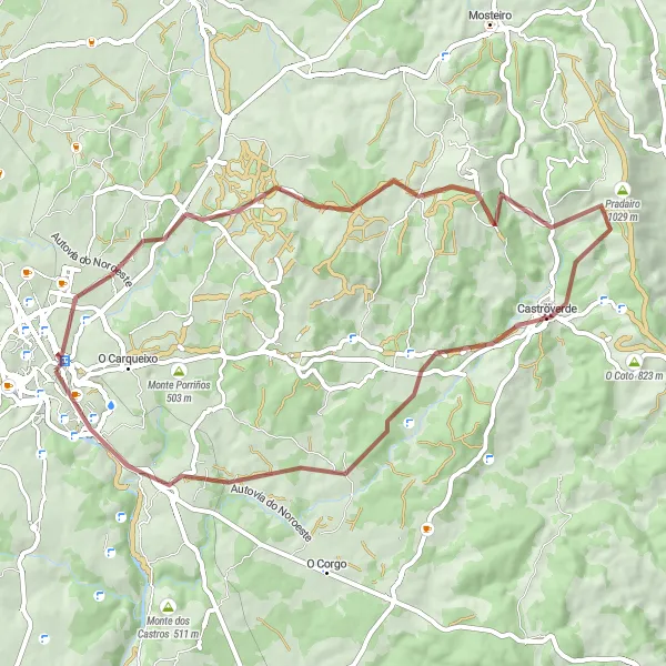Miniatura mapy "Trasa Rowerowa na Grawelu do Lagoas de Teixeiro" - trasy rowerowej w Galicia, Spain. Wygenerowane przez planer tras rowerowych Tarmacs.app