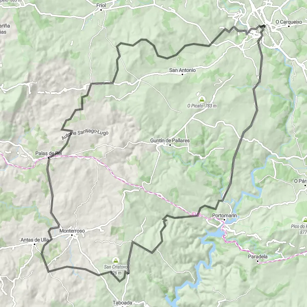 Miniatura mapy "Trasa rowerowa wzdłuż Lugo (Galicia, Hiszpania)" - trasy rowerowej w Galicia, Spain. Wygenerowane przez planer tras rowerowych Tarmacs.app