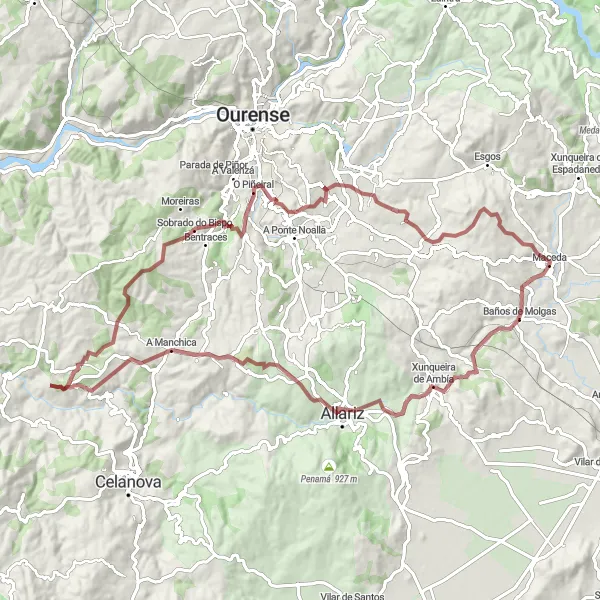 Miniatura mapy "Wycieczka gravelowa do Ponte Romana i A Manchica" - trasy rowerowej w Galicia, Spain. Wygenerowane przez planer tras rowerowych Tarmacs.app