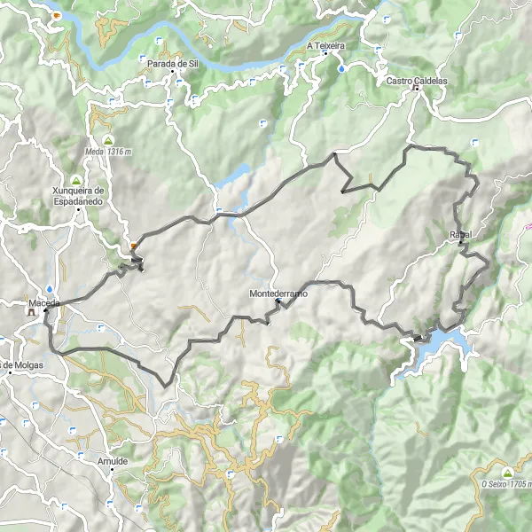 Map miniature of "Maceda Scenic Road Escape" cycling inspiration in Galicia, Spain. Generated by Tarmacs.app cycling route planner