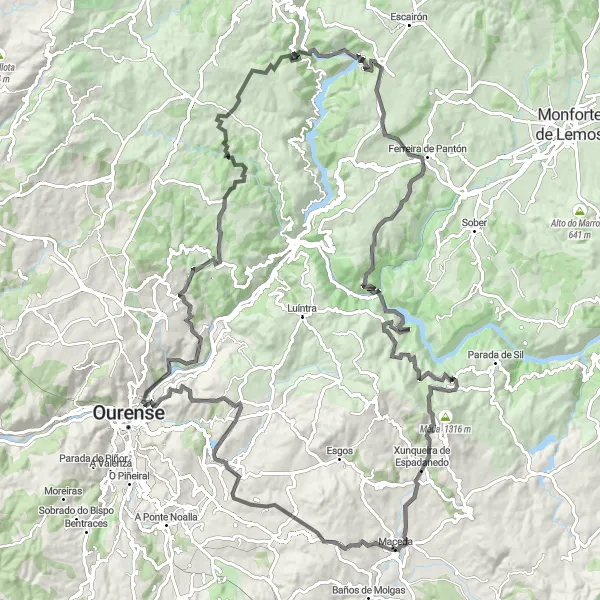 Map miniature of "Scenic Road Cycling near Maceda" cycling inspiration in Galicia, Spain. Generated by Tarmacs.app cycling route planner