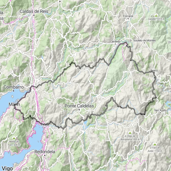 Miniature de la carte de l'inspiration cycliste "Itinéraire Beariz" dans la Galicia, Spain. Générée par le planificateur d'itinéraire cycliste Tarmacs.app