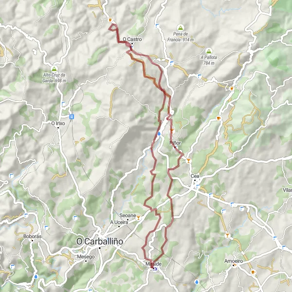 Map miniature of "Gravel Route around Maside" cycling inspiration in Galicia, Spain. Generated by Tarmacs.app cycling route planner