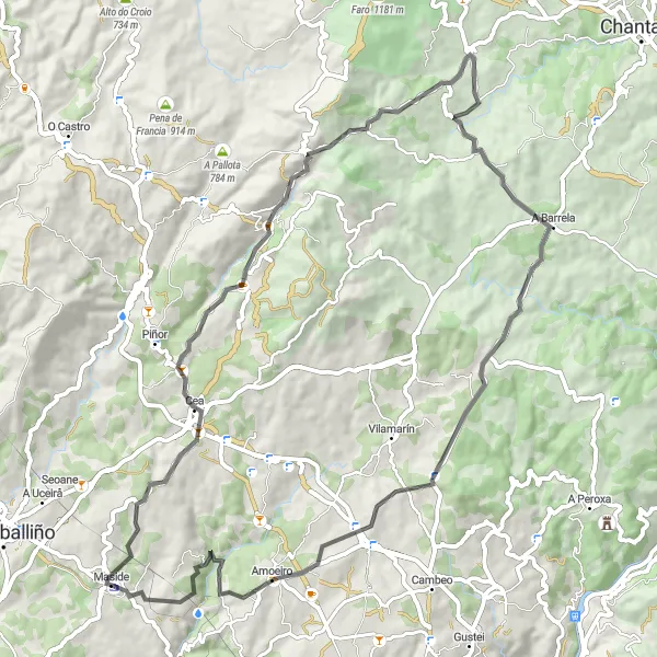 Map miniature of "Road Route to Maside" cycling inspiration in Galicia, Spain. Generated by Tarmacs.app cycling route planner