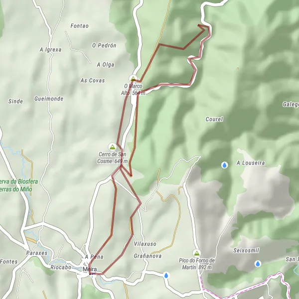 Miniatura della mappa di ispirazione al ciclismo "Percorso in gravel da Meira a O Marco Alto" nella regione di Galicia, Spain. Generata da Tarmacs.app, pianificatore di rotte ciclistiche