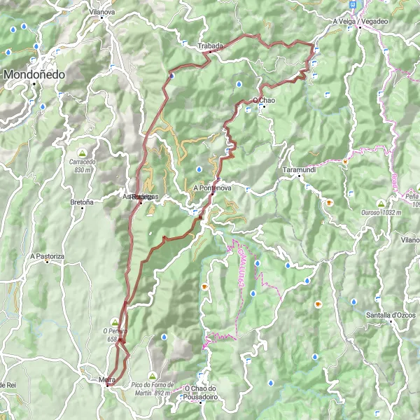 Miniatuurkaart van de fietsinspiratie "Gravelroute Cerro de San Cosme" in Galicia, Spain. Gemaakt door de Tarmacs.app fietsrouteplanner