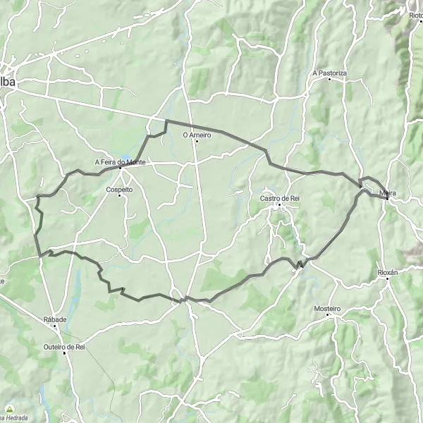 Miniaturekort af cykelinspirationen "En Charmerende Landevejsrute gennem Det Smukke Landskab nær Meira" i Galicia, Spain. Genereret af Tarmacs.app cykelruteplanlægger