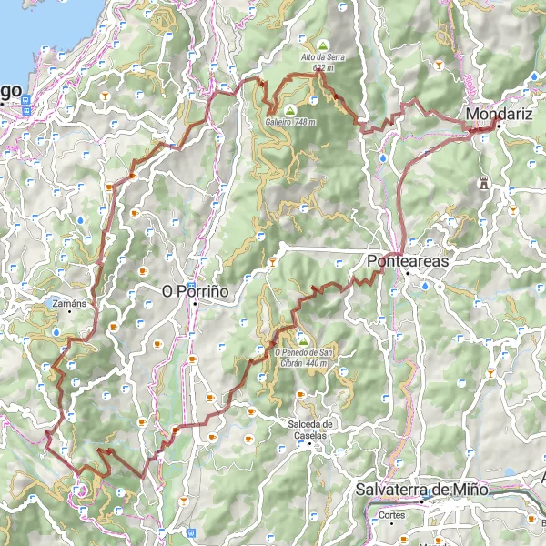 Map miniature of "The Gravel Challenge" cycling inspiration in Galicia, Spain. Generated by Tarmacs.app cycling route planner