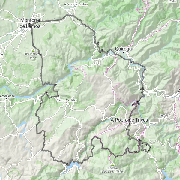 Miniatua del mapa de inspiración ciclista "La ruta épica: De Monforte de Lemos a Gullade" en Galicia, Spain. Generado por Tarmacs.app planificador de rutas ciclistas