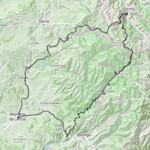 Miniaturní mapa "Okruh přes Bóvedu a Courel" inspirace pro cyklisty v oblasti Galicia, Spain. Vytvořeno pomocí plánovače tras Tarmacs.app