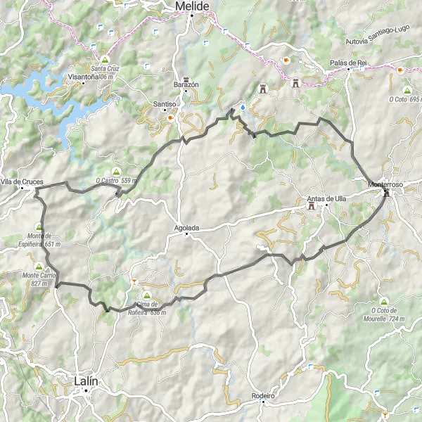 Map miniature of "Monterroso - Monte Redondo" cycling inspiration in Galicia, Spain. Generated by Tarmacs.app cycling route planner