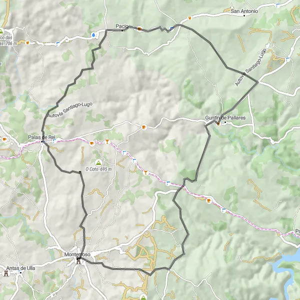 Map miniature of "Monterroso - Palas de Rei" cycling inspiration in Galicia, Spain. Generated by Tarmacs.app cycling route planner