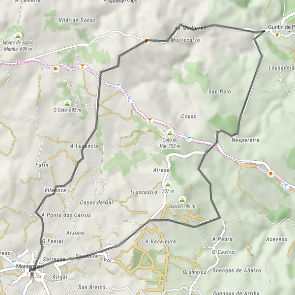 Miniaturní mapa "Cyklotrasa pro milovníky přírody kolem Monterrosa" inspirace pro cyklisty v oblasti Galicia, Spain. Vytvořeno pomocí plánovače tras Tarmacs.app